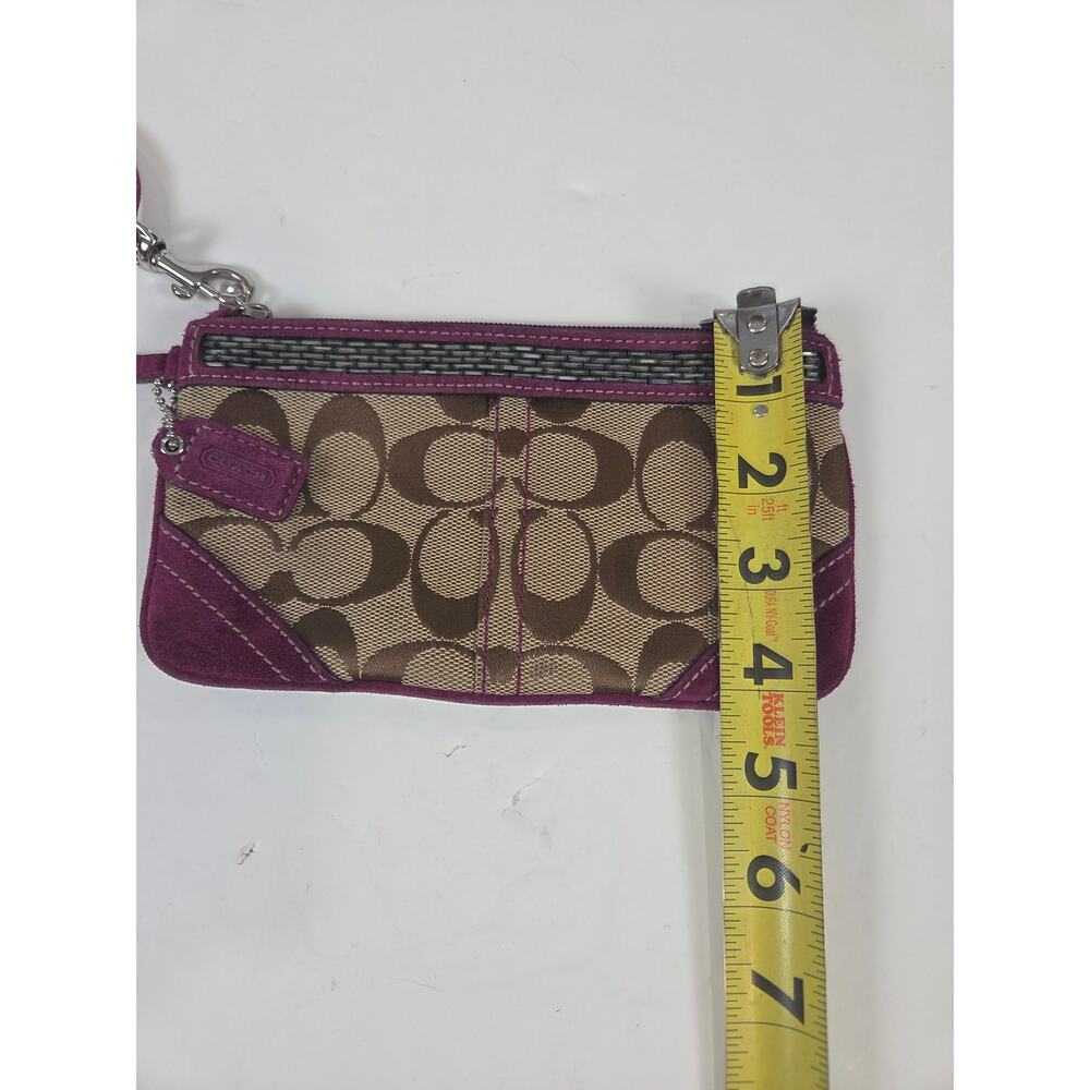 Coach Signature Tan Fabric Burgundy/Purple Suede Zip Wristlet Wallet Bag - Picture 3 of 5